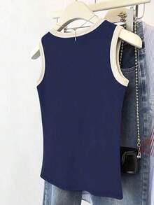 Camiseta de tirantes casual y versátil con ribete de contraste y cuello redondo para el verano - Azul marino - Ver 2