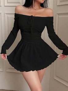 Vestido casual de punto acanalado con hombros descubiertos para mujer, atuendo acogedor, otoño e invierno - Negro - Ver 5