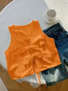2026 Nuevo Top sin mangas con cuello en V, lazo delantero y bordado floral para mujer, ideal para vacaciones en la playa, uso casual, estilo Y2K de los 2000, primavera, graduación, fiesta de boda, vacaciones elegantes, San Valentín, carnaval, - Naranja Quemada - Ver 4