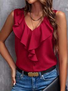 Blusa sin mangas con ribete de volantes, blusas sin mangas de verano elegantes para damas - Rojo - Ver 7