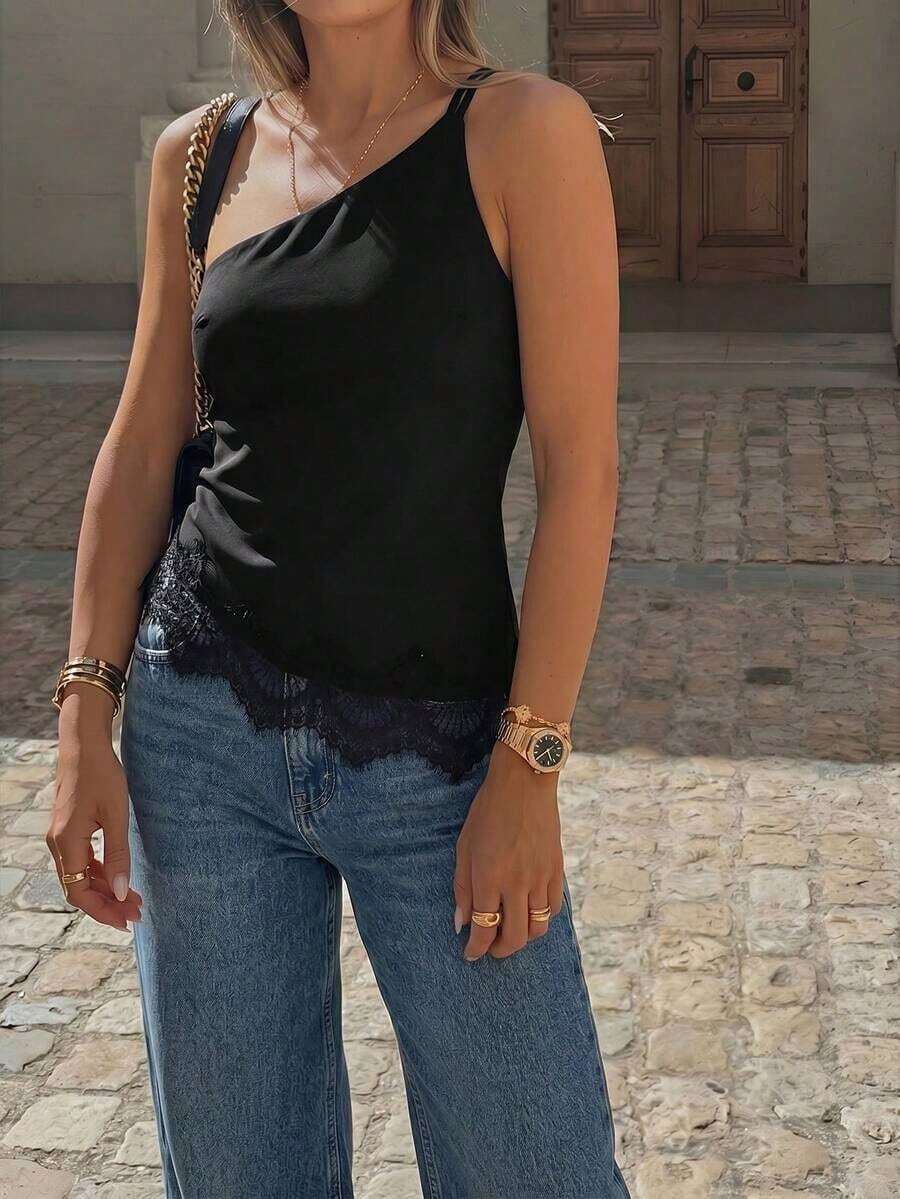 Nueva llegada Primavera/Verano Elegante Top casual de lino color albaricoque con cintura fruncida, bajo asimétrico y espalda descubierta - Negro - Ver 1