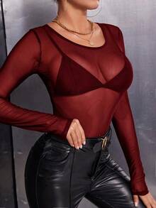 Blusa de malla transparente sin sujetador - Burdeos - Ver 4