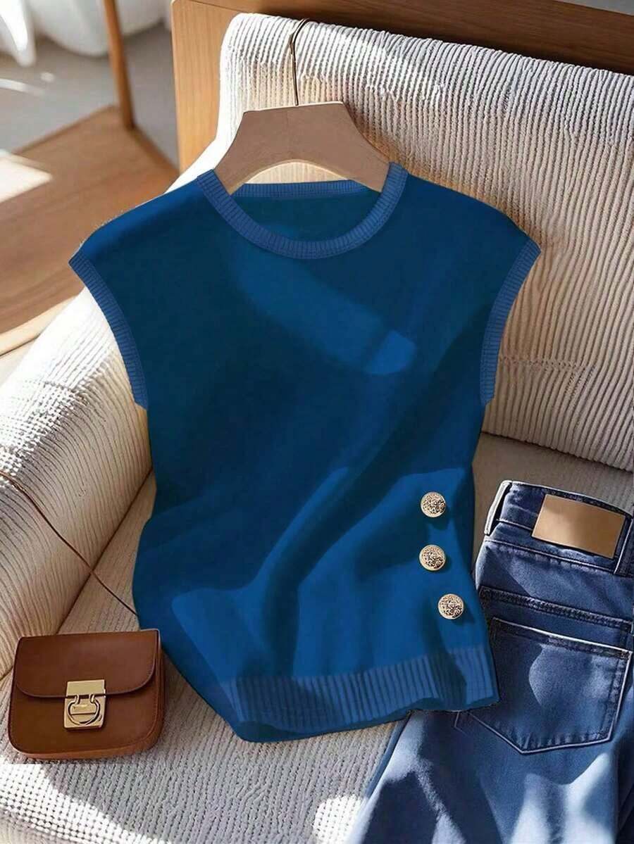 Camiseta casual de verano de unicolor para mujer, versátil, con decoración de botones - Azul - Ver 1