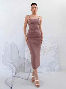 Vestido con tirantes con moño sin espalda, de material elástico, para verano - Rosa vieja - Ver 4