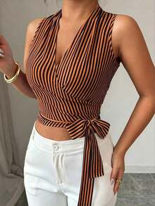 Chaleco de verano casual y elegante tejido para damas - Naranja Quemada - Ver 6