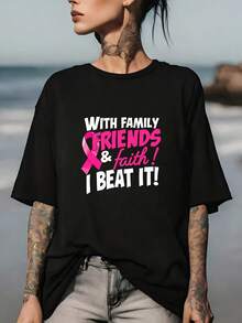 Casual: Walking With Family And Friends And With Faith, I Overcame It! Women's Breast Cancer Awareness T-Shirt With Pink Ribbon, Soft 180g T-Shirt, Suitable For Family Support Team Wear, A Must-Have Holiday Gift. - 黑色 - 查看 1