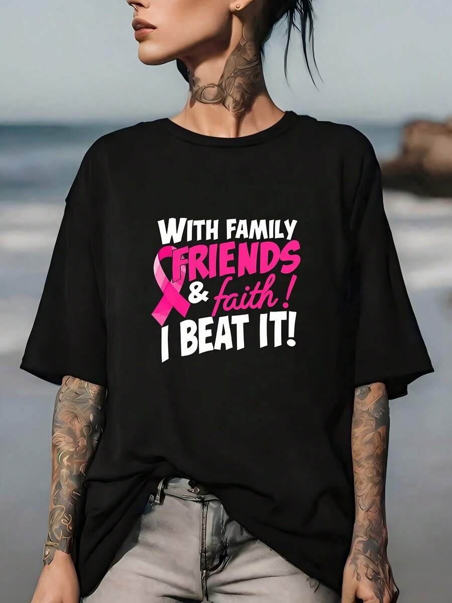 Casual: Walking With Family And Friends And With Faith, I Overcame It! Women's Breast Cancer Awareness T-Shirt With Pink Ribbon, Soft 180g T-Shirt, Suitable For Family Support Team Wear, A Must-Have Holiday Gift. - 黑色 - 查看 1