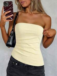 Top tubo sencillo y elegante con cintura fruncida, adecuado para verano, top tubo azul marino, tops tubo para mujer, top sin tirantes para mujer, top tubo azul marino - Albaricoque 2 - Ver 7