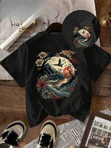Women's Vintage T-Shirt With Japanese Cherry Blossom And Sunset Print - Casual Short Sleeve Round Neck Top, Loose Fit Artistic Spring Summer Clothing, Durable And Comfortable Casual Wear - 黑色 - 查看 2