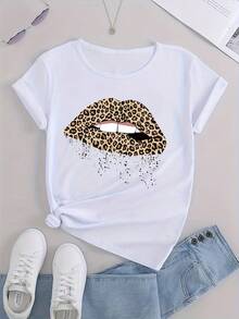 Playera De Manga Corta Con Estampado De Labios De Leopardo Para Mujer Camiseta Casual De Cuello Redondo Suave Estilo Verano - Blanco - Ver 7