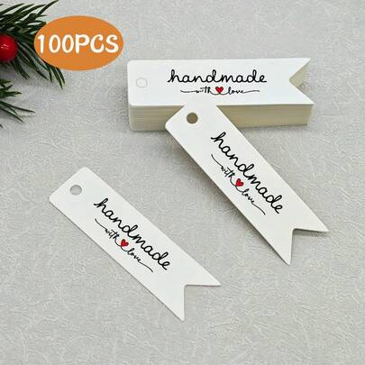 100 Thẻ treo thủ công, Thẻ quà tặng treo màu trắng kiểu mộng ghép với chữ "Handmade With Love" (Làm bằng cả tấm lòng) cho tiệc sinh nhật, đồ thủ công tự làm.