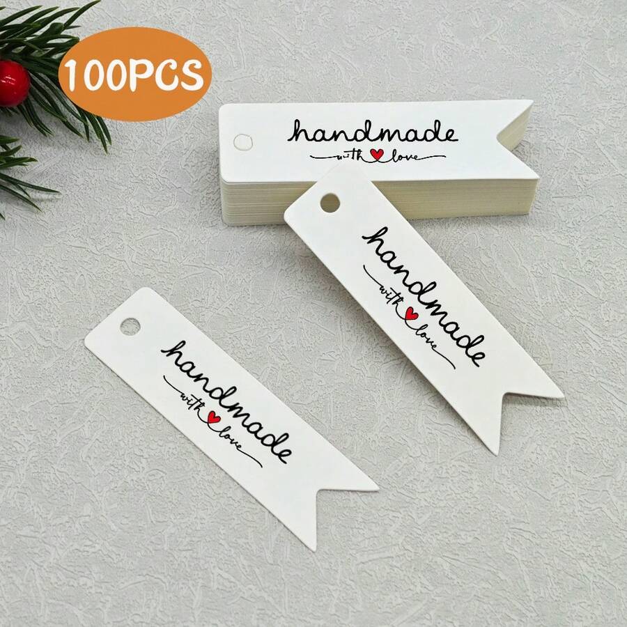 100PCS Handmade Hang Tags, White Dovetail Hanging Gift Tags With "Handmade With Love" Letter For Birthday Party Crafts DIY Project - View 1