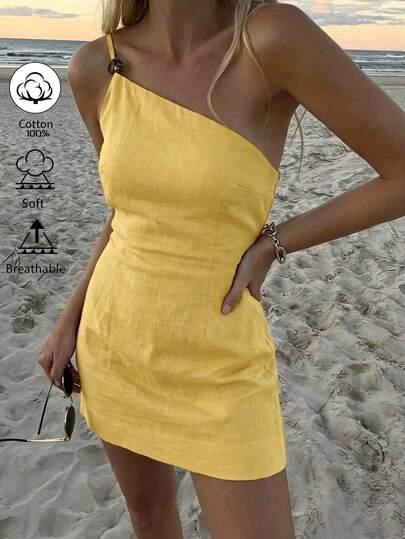 Spring/Summer Sleeveless Pearl Decor Waist Cinched Mini Dress, Elegant Lady Style Suitable For Wedding, Beach, Valentine's Day, Casual Wear, Light Yellow Party