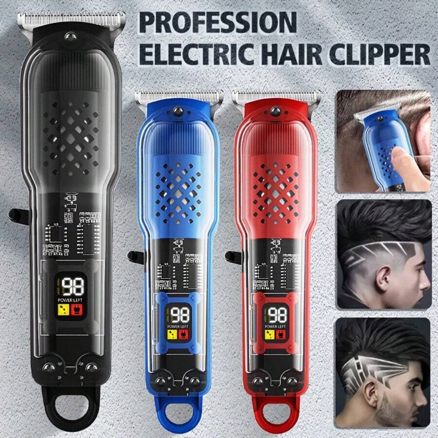 Men's Hair Clipper, Transparent Body Retro Oil Head Electric Hair Clipper, Professional Beard Trimmer With LCD Display Screen, High-Power Hair Beauty Machine, Father's Day Gift, Father's Day Gift - 黑色 - 查看 1