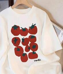 Casual Tomato Print T-Shirt, Women's Short Sleeve T-Shirt, Natural Fruit Graphic Top, Kawaii Summer Casual T-Shirt, Kind Gift, 100% Cotton, Durable - 白色 - 查看 3