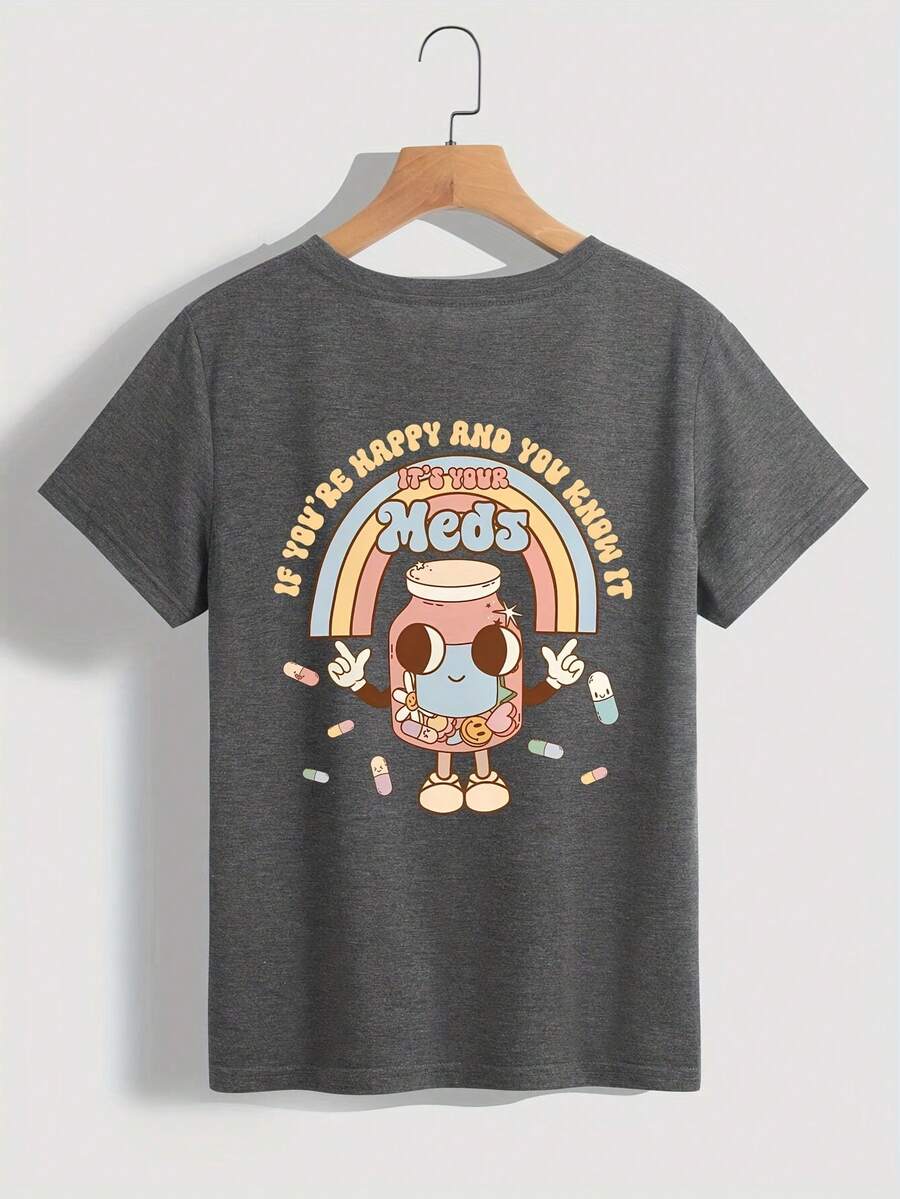 Plus Size - Plus Size - Cartoon Pill Bottle Design T-Shirt With Rainbow Letter Slogan, Casual Short Sleeve Crew Neck Top For Summer And Spring, Plus Size Women's Clothing - Màu xám đen - Xem 1