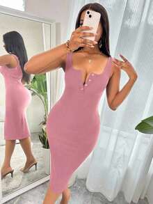 Vestido largo de punto ajustado con medio botón y acanalado, color burdeos, atuendo de mujer - Rosa vieja - Ver 8