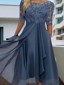 Robe de la ninfa etérea, chiffon que fluye como brisa, aplicaciones de encaje con calados de ensueño, esencia de la elegancia ligera y romántica para ser la musa perfecta en bodas y celebraciones - Azul - Ver 3