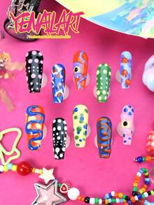 10Pcs Handmade Square Press On Nails, European Full Cover Y2K Summer Nails, Gradient Blue Yellow Green Purple, Cartoon Ghost Mushroom & Star Patterns, Fun False Nails For Music Festivals, Daily Life And Parties, Nail Supplies - Multicolor - View 2