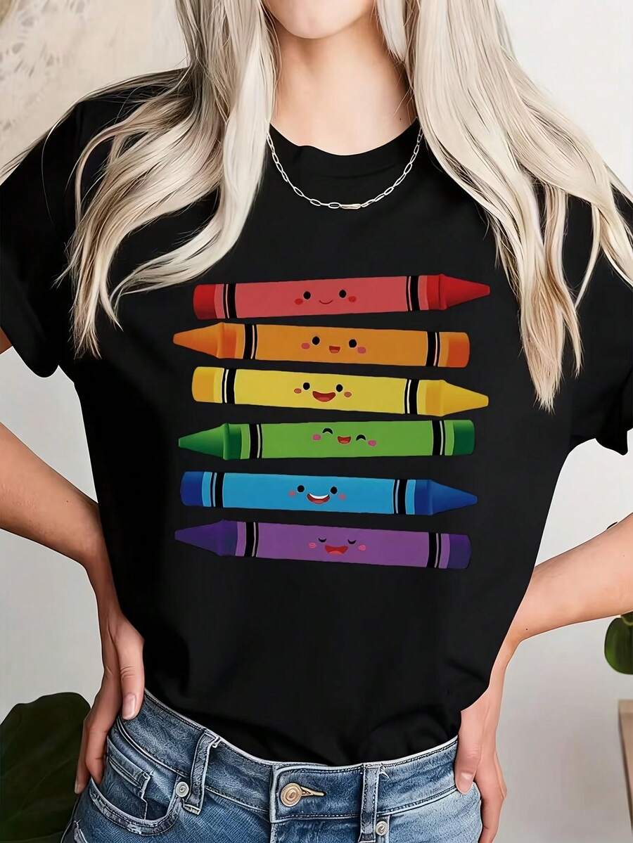 Plus Size Women's Casual Printed T-Shirt, Cheerful Face Print Crayon Design - Soft, Breathable, Short Sleeve Crew Neck, Ideal For Events And Casual Wear - Spring Summer Blouse, Printed T-Shirt Suitable For Daily Wear, Outdoor, Casual And Festive Occasions. - 黑色 - 查看 1