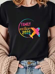 Women's T-Shirt, Family Vacation 2026, Rainbow Gradient Airplane Print 2026, Black Short Sleeve Crew Neck, Machine Washable, Suitable For Spring, Summer And Autumn, Casual Style, Comfortable Fit, Modern Design, Versatile For Daily Wear, Soft Fabric, Fashionable Style - 黑色 - 查看 1