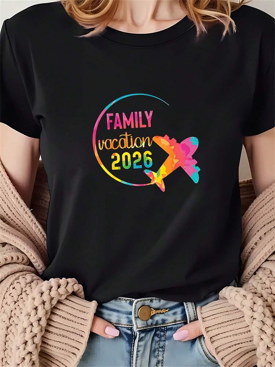 Women's T-Shirt, Family Vacation 2026, Rainbow Gradient Airplane Print 2026, Black Short Sleeve Crew Neck, Machine Washable, Suitable For Spring, Summer And Autumn, Casual Style, Comfortable Fit, Modern Design, Versatile For Daily Wear, Soft Fabric, Fashionable Style - 黑色 - 查看 1