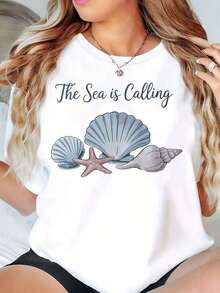 Women's Round Neck T-Shirt With 'The Sea Is Calling S' Print And Starfish, For Beach Holidays, Casual Style, 220g - 白色 - 查看 1