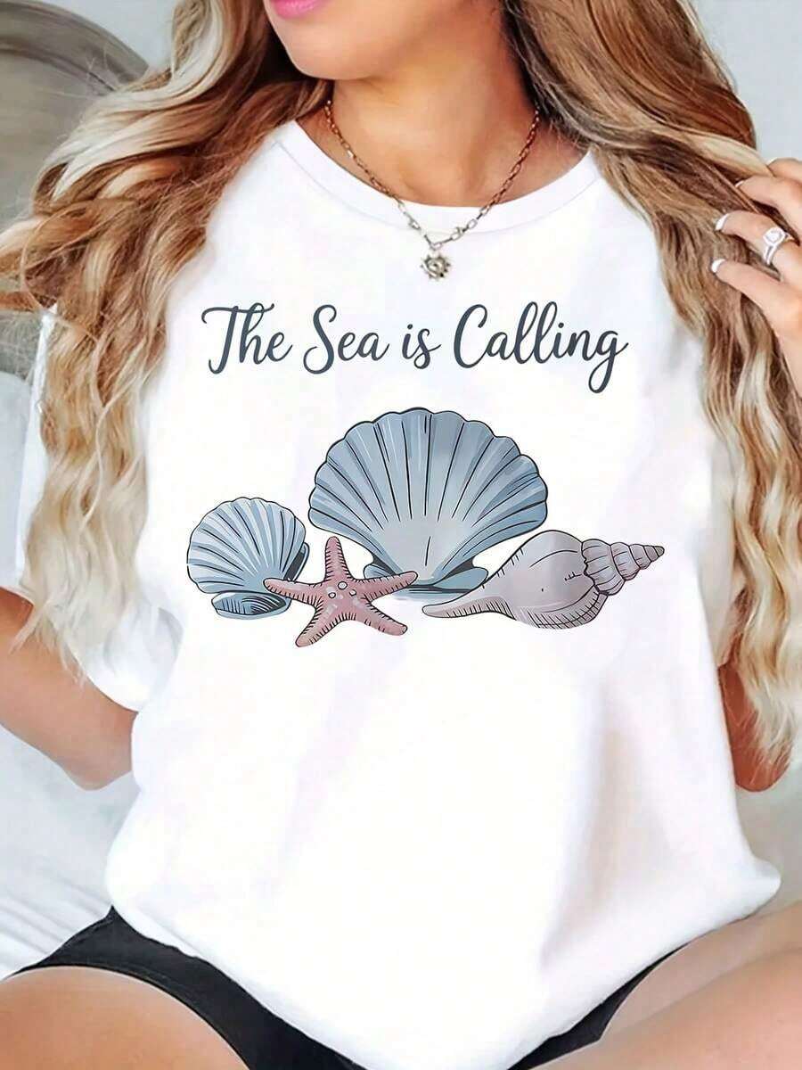 Women's Round Neck T-Shirt With 'The Sea Is Calling S' Print And Starfish, For Beach Holidays, Casual Style, 220g - 白色 - 查看 1