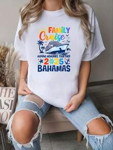 Women's Crew Neck T-Shirt - White, Casual For Family Vacations, Cruises, Bahamas Trips, Beach Outings - Machine Washable, Everyday T-Shirt For Travel And Parties, Party Outfit, Relaxed Fit, Comfortable Fabric, Vacation Clothes, For Cruise Lovers - 白色的 - 查看 6