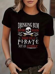Women's Funny Pirate T-Shirt "Rum Before Noon Makes You A Pirate" - Black Short Sleeve Crew Neck, Skull And Crossbones Print, Casual Beach Party Outfit, Comfortable Clothing For Themed Events - 黑色 - 查看 6