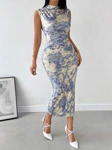 Vestido de verano midi de punto plisado con estampado floral de acuarela y abertura lateral, elegante para vacaciones y uso diario - Multicolor - Ver 6