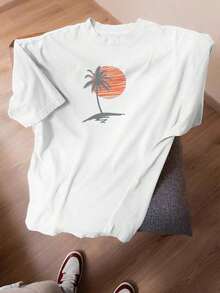 Men's And Women's Tropical Palm Tree And Sunset Print T-Shirt - Orange-Yellow Gradient, Loose Fit, Beach Vacation T-Shirt, Casual Everyday Wear And Tropical Getaways - Unisex T-Shirt - 白色 - 查看 1