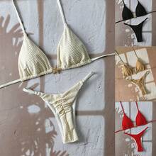 Nuevo estilo de bikini de color sólido, bikini sexy con lazos, traje de baño de dos piezas fresco y sencillo para mujer. - Marrón claro - Ver 2
