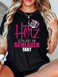 Camiseta de mujer alemana "MEIN Herz SCHLÄGT IM SCHLAGER TAKT" 2026, con diseño de corazón y un eslogan de micrófono en forma de corazón, manga corta informal, rosa y blanca, estilo musical suave, top de uso diario para fans de Schlagerteknik. - Negro - Ver 7