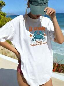 Premium Women's Oversized T-Shirt With Crab Print And Beach Slogan, Casual White Short Sleeve T-Shirt, Round Neck, Summer Vacation Style, Comfortable Loose Blouse For Beach, Travel And Everyday Wear, - 白色 - 查看 1
