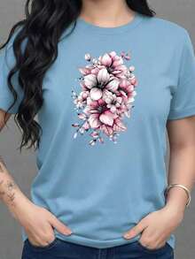 Free Shipping, Local Delivery In Mexico, Delivery In 4 Days. Women's Graphic T-Shirt, Short Sleeve, Crew Neck, Basic, Comfortable, Cool, Lightweight, Modern, Youthful, Feminine, Floral Print, Lily, Leaves, 3D. - 藍霧 - 查看 1