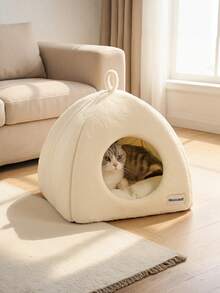 1个可爱猫窝，可水洗猫屋，温暖猫洞床，适合兔子、小型犬和猫咪 - 米色 - 查看 7