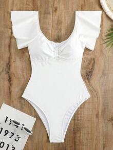 Swim Mod Traje de baño de una pieza sólida con diseño fruncido, ribete de volantes, ideal para la playa en verano - Blanco - Ver 3