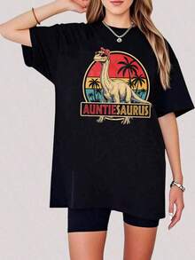 1 Piece, Unisex Short Sleeve Crew Neck T-Shirt, 180g, Retro Dinosaur Family Print With Sunset Palm Trees, Y2K Bababask Inspired Style, 100% Pure Cotton, Casual And Versatile For Urban Wear, Daily Outings, Summer, Camping, Concerts, Hip-Hop/Rock/Rap Events And Beachwear. Ideal For Festivals, Autumn, Year-Round Wear And Plus Sizes. - 黑色7 - 查看 6