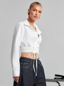 Blusa de manga larga elegante de oficina con cordones de unicolor para mujer - Blanco - Ver 5