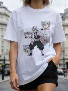 Camiseta de manga corta con cuello redondo suave y casual para mujer, estampada con personajes de dibujos animados japoneses, adecuada para uso diario. Blanca. - Blanco - Ver 1