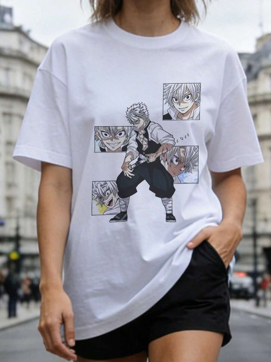 Camiseta de manga corta con cuello redondo suave y casual para mujer, estampada con personajes de dibujos animados japoneses, adecuada para uso diario. Blanca. - Blanco - Ver 1