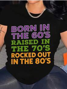 Women's Retro-Style Casual T-Shirt With "Born In The 60s/70s/80s" Print, Nostalgic Themed Party Top, Exclusively For Vintage Enthusiasts, Adult Size - 黑色 - 查看 1