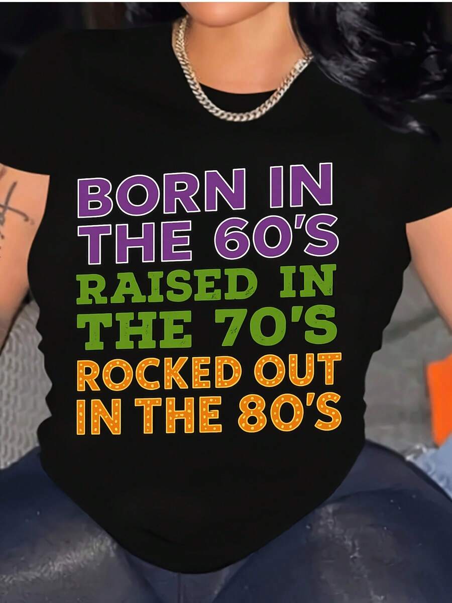 Women's Retro-Style Casual T-Shirt With "Born In The 60s/70s/80s" Print, Nostalgic Themed Party Top, Exclusively For Vintage Enthusiasts, Adult Size - 黑色 - 查看 1