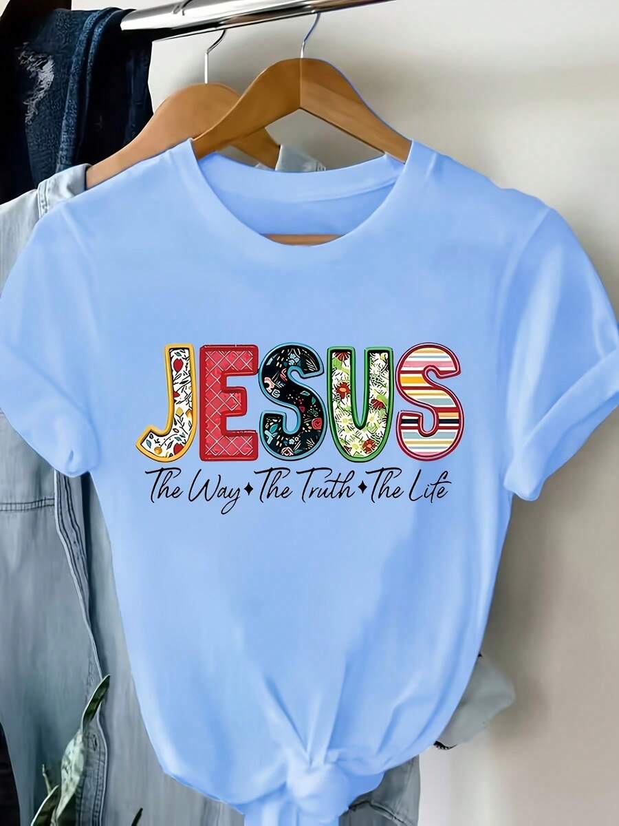Women's Casual Round Neck T-Shirt With A Colorful Letter Print That Says "Jesus" And A Design Of "The Way, The Truth, The Life", Short Sleeves, Regular Length, Soft Fabric, Comfortable For All Seasons, Women's T-Shirt. - 藍色 - 查看 1