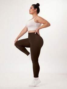 NcmRyu 1pc Women's Solid Color Ruched Waist Slim Fit Plus Size Sports Pants - Brown - View 10