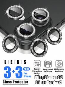 6pcs (3pcs Black Glitter Lens Protector + 3pcs Black Diamond Lens Protector) - Compatible With IPhone 16/16 Plus. Features Include Sparkling Diamond And Glitter Metal Ring Decoration, 9H Tempered High-Definition Glass Camera Protection - Black - View 12