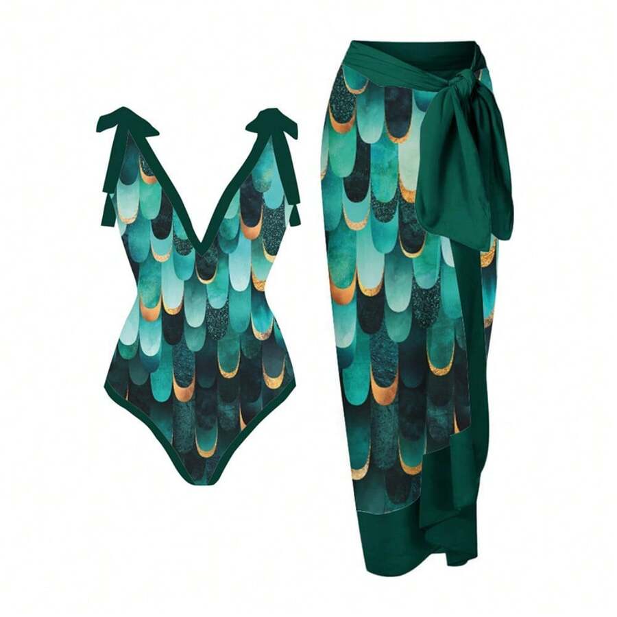Women's One-Piece Swimsuit, Sexy Bikini With Long Lace-Up Skirt, Three-Piece Set. - Green Scales - View 1