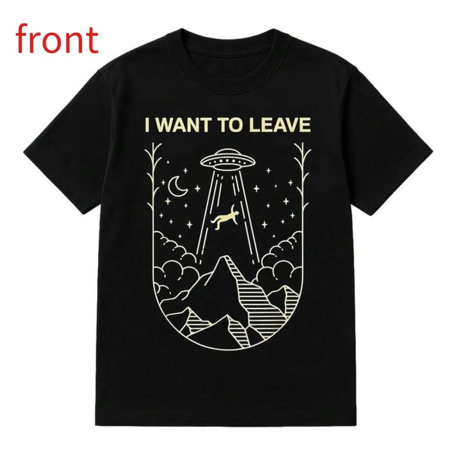 Camiseta Vintage Divertida de Alienígena OVNI Extraterrestre "Quiero Irme" para Amantes de Alienígenas, para Uso Casual y Fiestas Temáticas - Negro - Ver 1