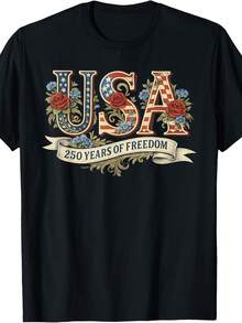 Camiseta floral del 250 aniversario de la independencia. Camiseta unisex de algodón puro de 220 g. Peso ideal para todas las estaciones, apta tanto para hombres como para mujeres. Tejido duradero de alta calidad, suave al tacto y de larga duración. Prenda transpirable, ideal para el otoño y las vacaciones. - Negro - Ver 1